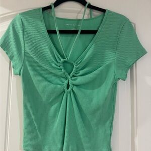American Eagle Outfitters Green Ruched Cut Out Blouse
